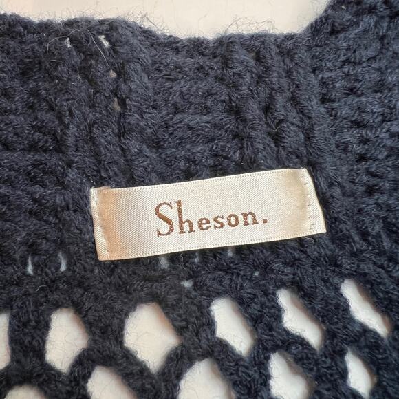 Sheson Crochet Sweater Small Open Knit Navy Blue Short Puff Sleeve Pullover Top - Picture 8 of 10